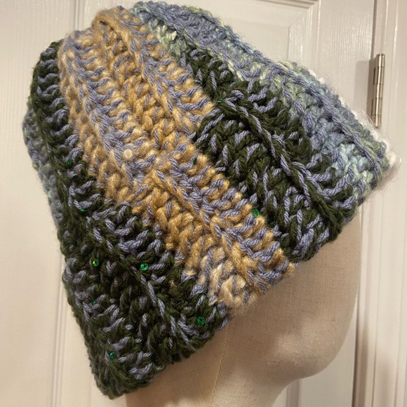 Handmade Crochet Super Chunky Ribbed Upcycled Multi Fiber Scrap Yarn Beanie Hat - Picture 1 of 6
